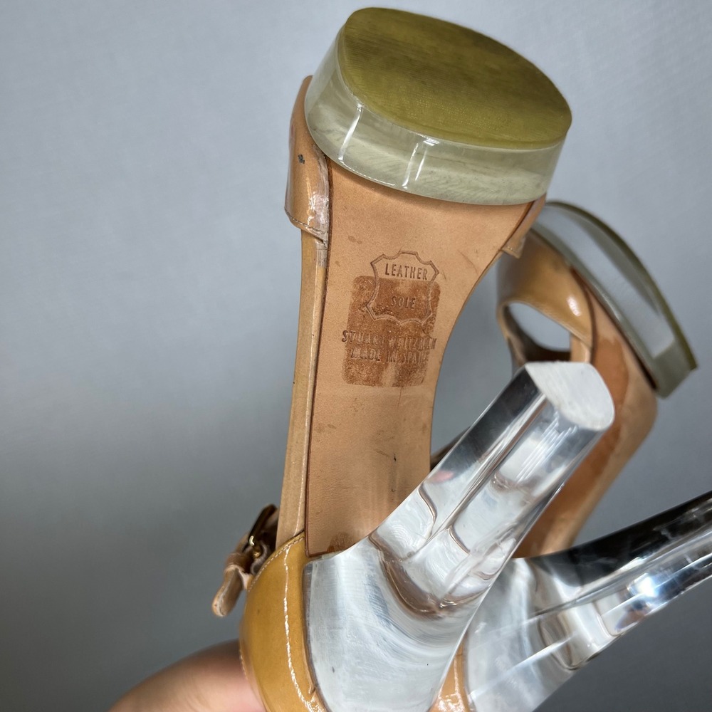 Stuart Weitzman Platform Sandals Heels Clear Lucite Heel Beige Patent Leather - Picture 7 of 9
